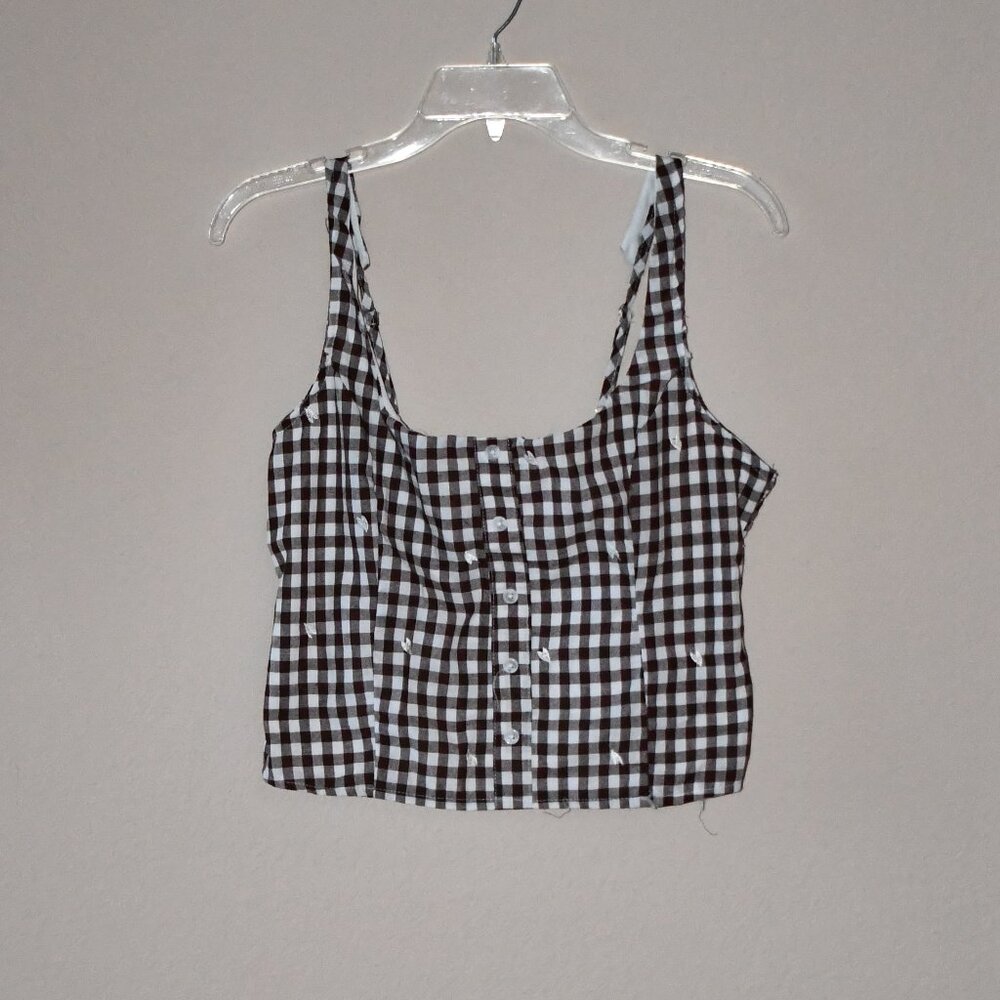 Lotus & Lavender Junior Brown Gingham Adj Strap Smocked Back Embroider Top Sz L